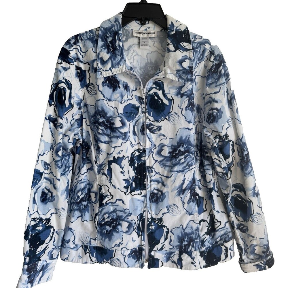 Cathy Daniels Lightweight White & Blue Floral Jacket Zip Up Medium
